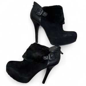 Guess Fur Trim Black High Heel Ankle Boots